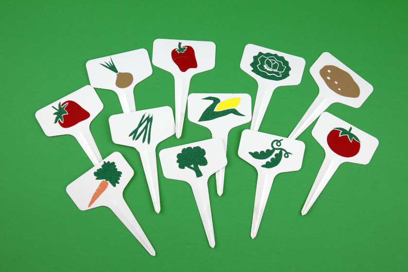 Garden vegetable markers on green background